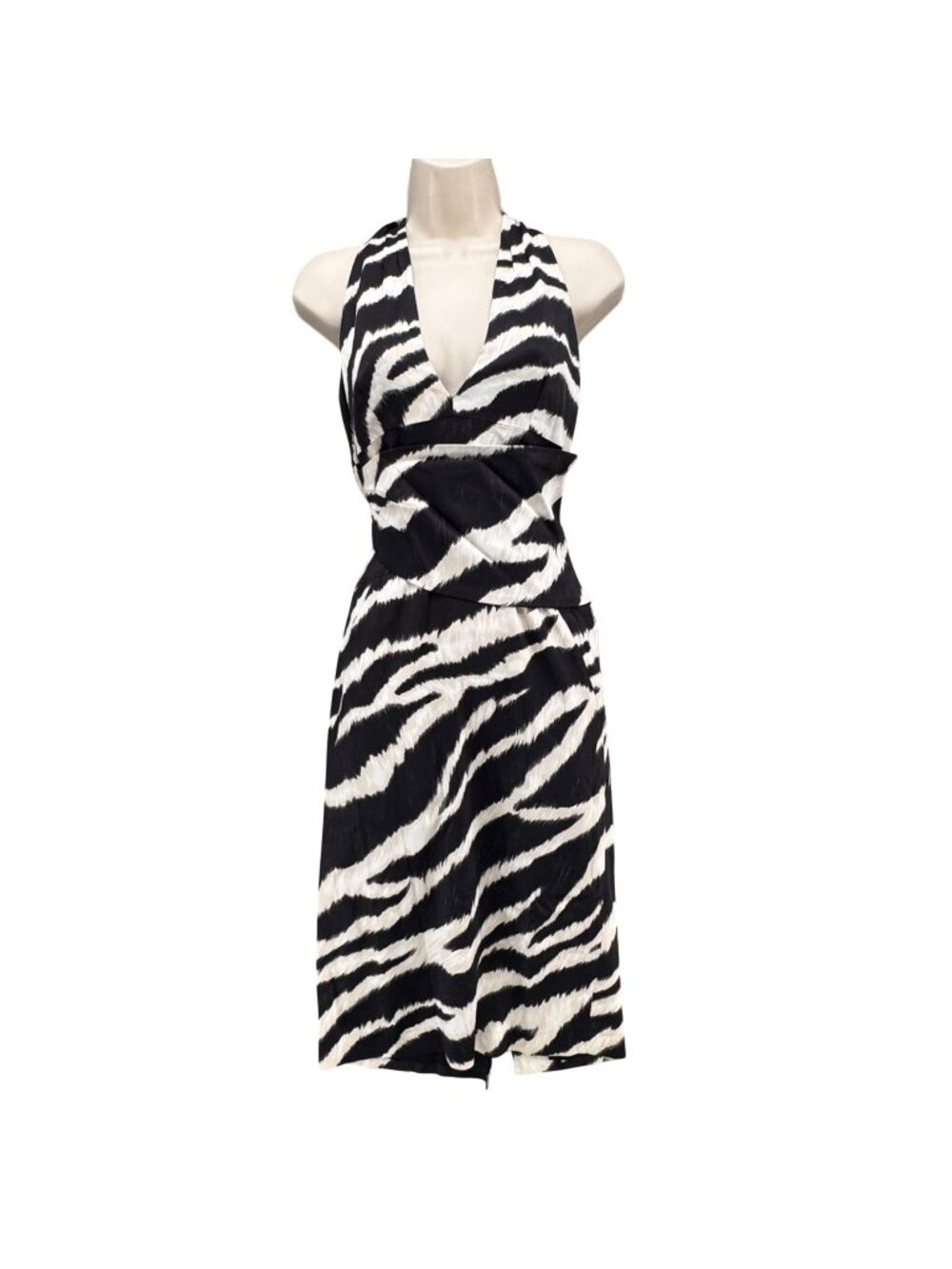 Karen Millen Zebra Midi Dress Black White Halter Backless V Neck Sheath Size 6